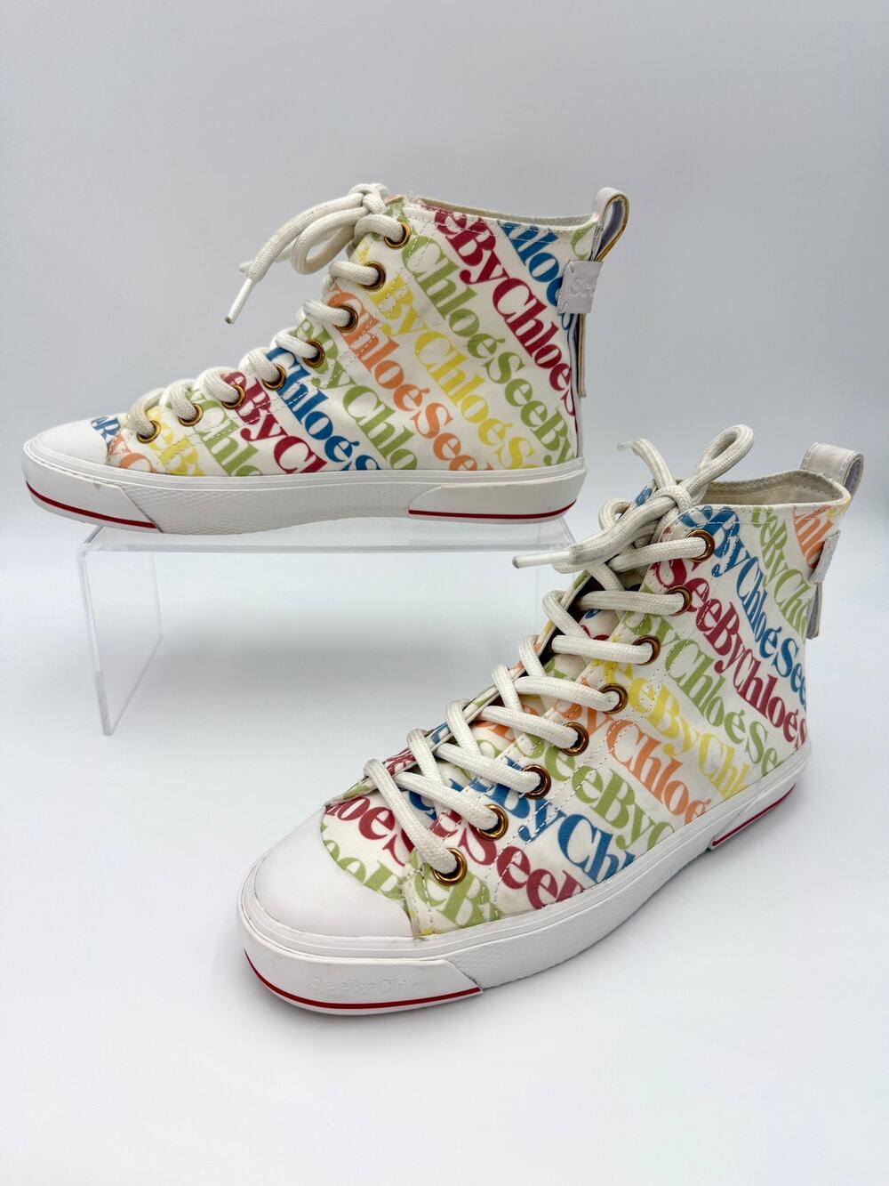 See by Chloe High Top Sneakers White Multi Logo Print Size 38 / 8 Rainbow